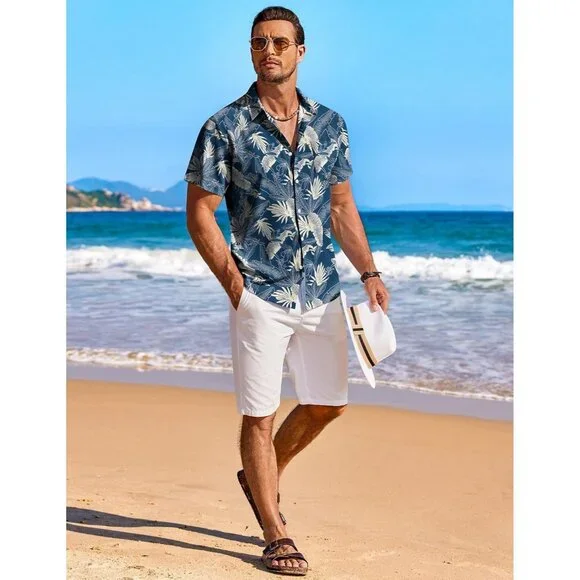 Men´s Blue White Hawaiian Shirt Short Sleeve Button Down Shirts Beach Shirt Men